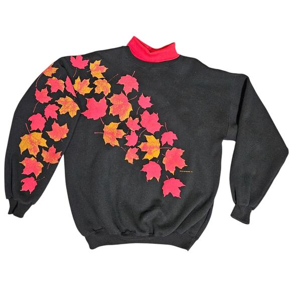 Art Unlimited Turtleneck Sweatshirt Vtg 90s Leaves Fall Puff Print USA Womens L - Picture 1 of 10